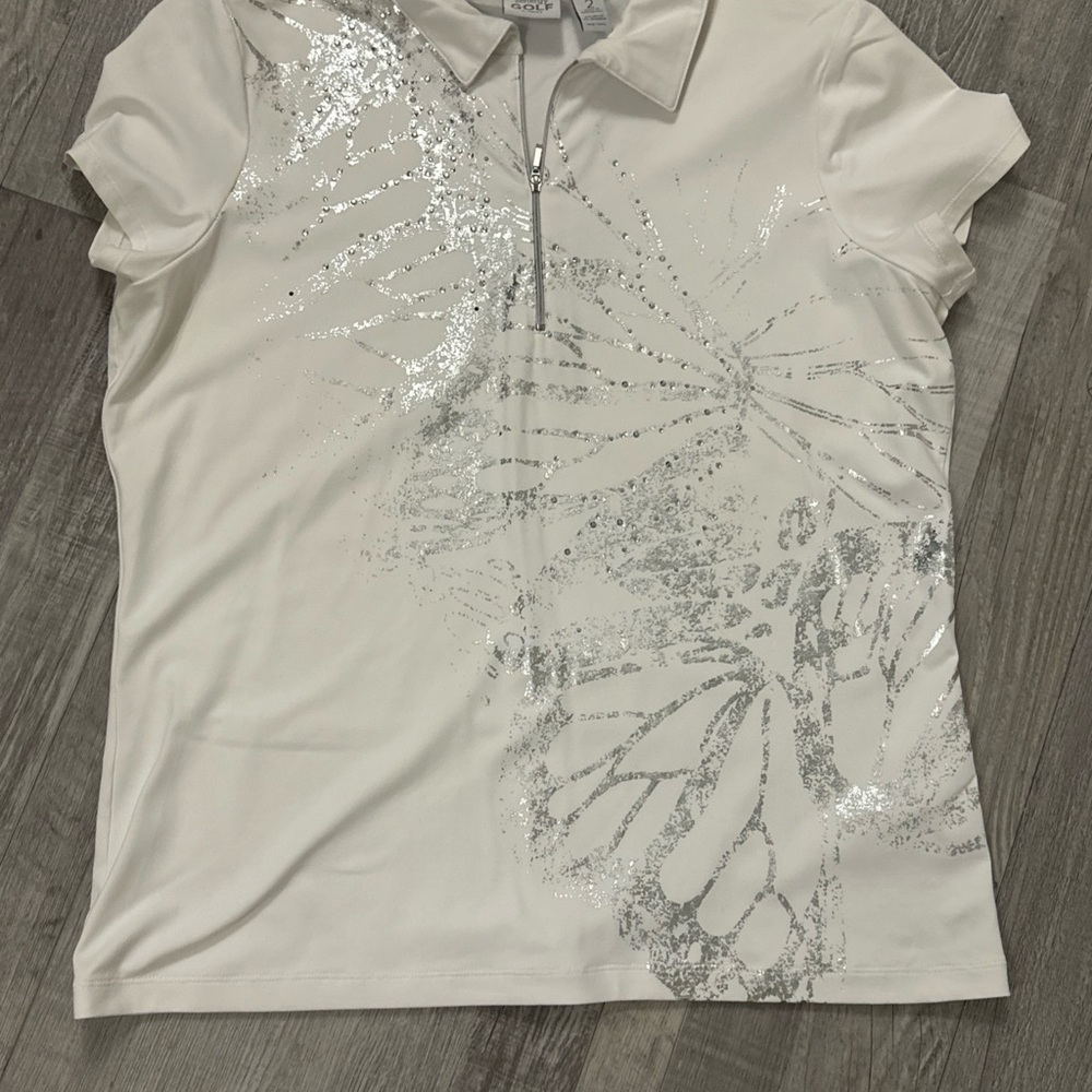Chico's Zenergy Golf Shirt Size 2 Womens 1/4 Zip White Silver Short Sleeves
